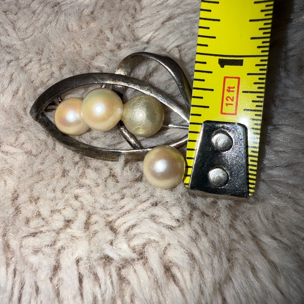 Vintage 925 Sterling Silver Modernist Brooch Pin Sim Pearl Clusters - Picture 6 of 6